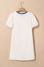 Stripe Seersucker Contrast Round Neck Puff Sleeve T Shirt Dress