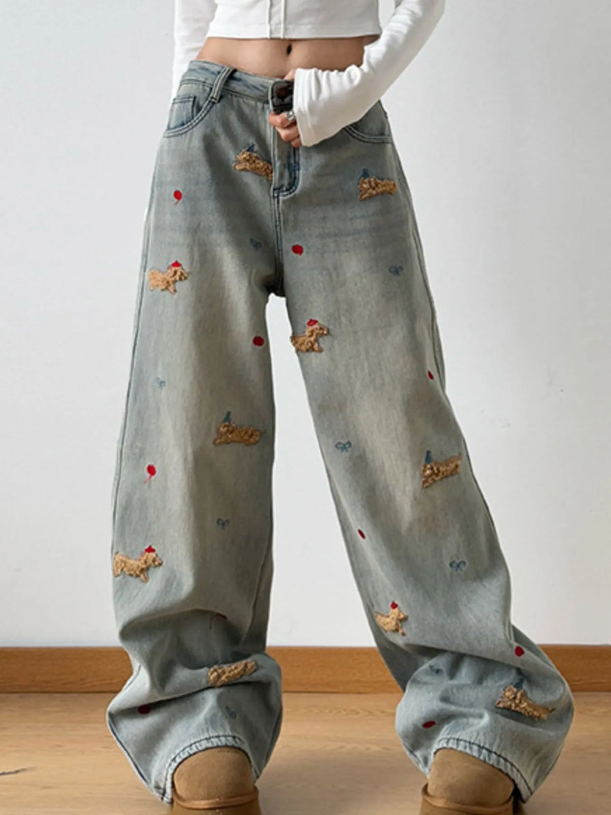 Embroidered Wide Leg Jeans - Ladyez