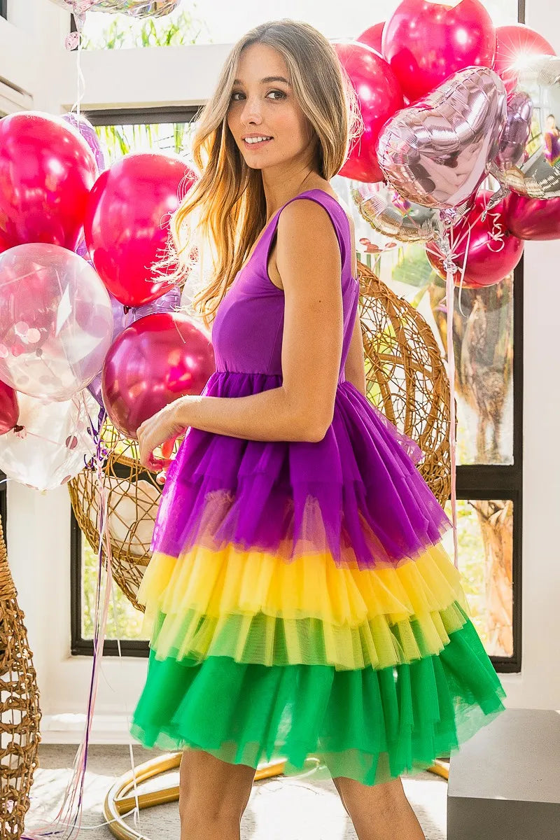 BiBi Mardi Gras Color Block Layered Mesh Tiered Dress - Ladyez
