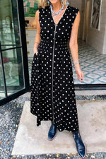 Polka Dot Zipper Front Midi Dress
