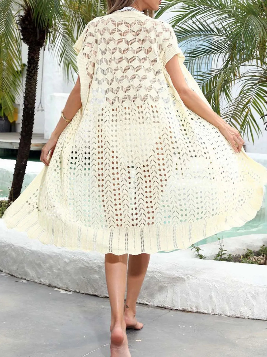Open Front Short Sleeve Openwork Cover-Up - Ladyez