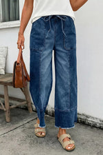 Drawstring Seam Detail Raw Hem Wide Leg Denim Pants