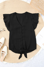 V-Neck Tie Hem Flutter Sleeve Blouse