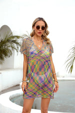 Angel Wings Openwork Contrast Short Sleeve Cover-Up - Ladyez