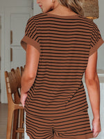 Stripe Ribbed Dolman Tee and Elastic Waist Casual Short Set