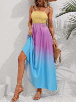 Honey Color Block Tie Shoulder Smocked Maxi Dress - Ladyez