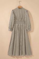 Stripe V Neck Zip Front Cinched High Waist Midi Dress