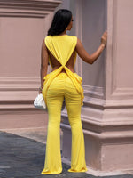 Deep V-Neck Knot-Front Flare Leg Jumpsuit