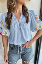 Embroidered Tie Neck Short Sleeve Blouse - Ladyez