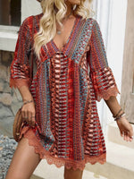 Lace Trim Printed V-Neck 3/4 Sleeve Dress - Ladyez