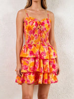 Cutout Floral Print Ruffle Layered Mini Dress