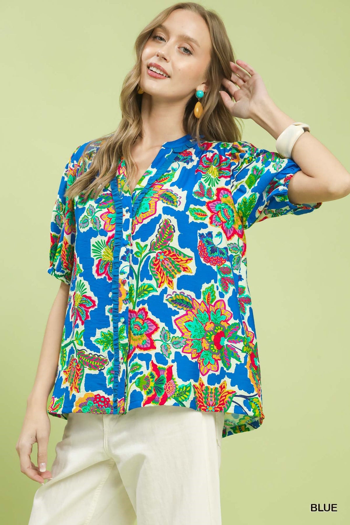 Umgee Floral Contrast-Trim Boho Blouse