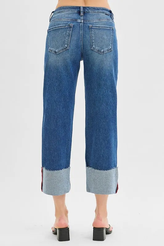 RISEN Full Size Tummy Control Mid Rise Crop Wide Cuffed Jeans Plus Size - Ladyez