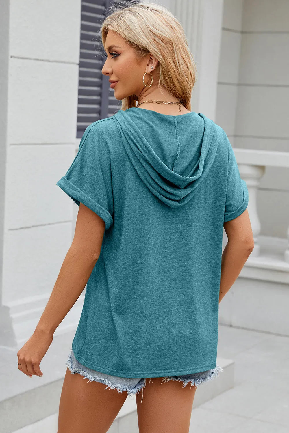 Half Button Drawstring Short Sleeve Hooded T-Shirt