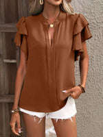Ruffle Sleeve Notched Blouse - Ladyez