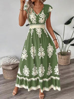 Printed V-Neck Ruffled Cap Sleeve Dress
