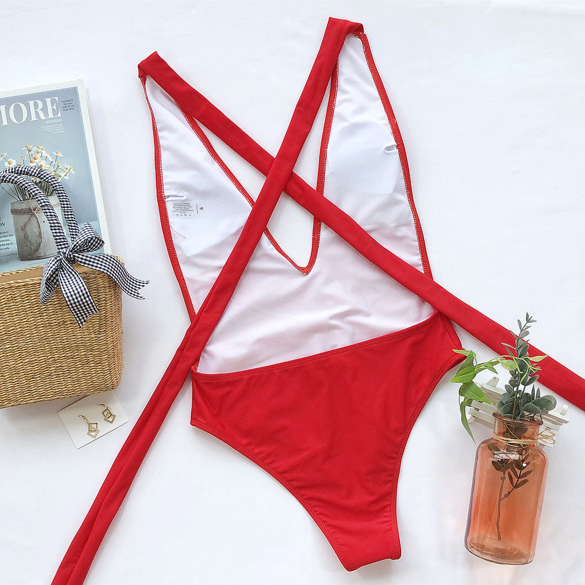 Halter Neck Deep V Tied One-Piece Swimsuit - Ladyez