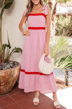 Stripe Bow Knot Straps Contrast Trim High Waist Ruffle Hem Maxi Dress