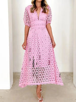Eyelet Lace V-Neck Midi Dress with Puff Sleeves