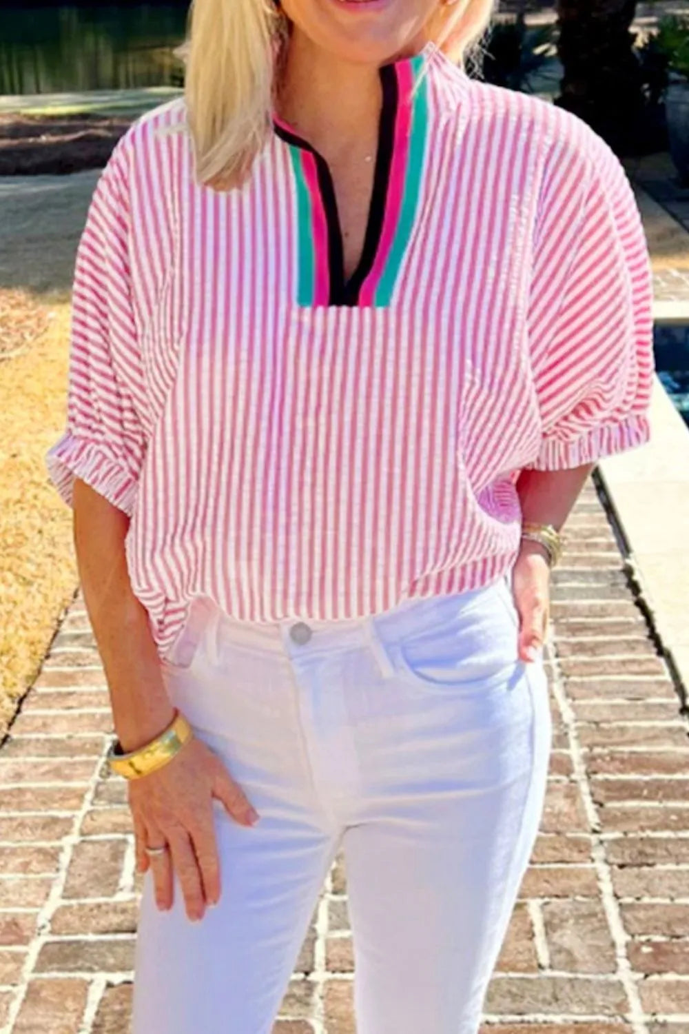 Striped Print Contrast Split Neck Dolman Sleeve Blouse - Ladyez