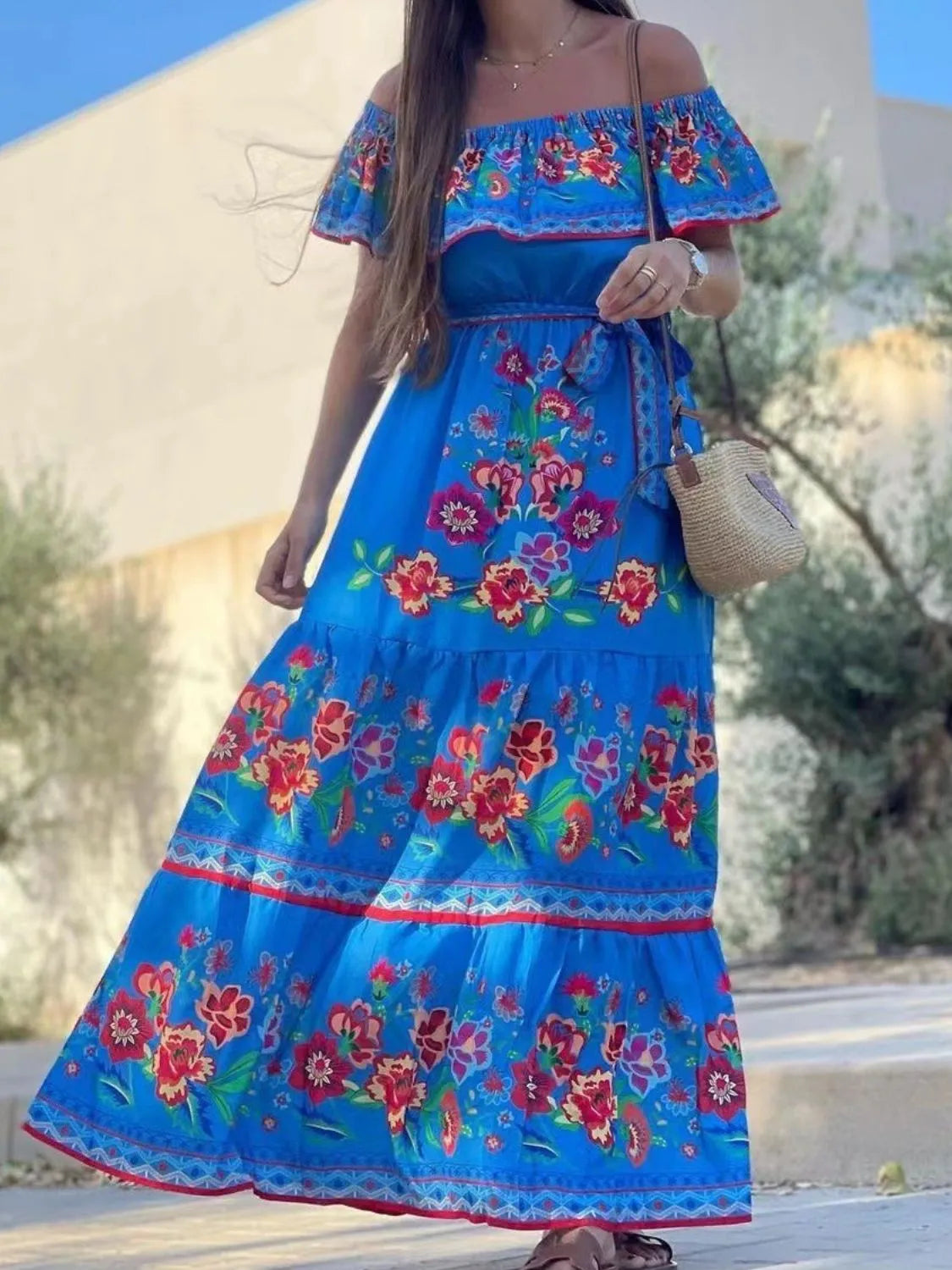 Floral Off Shoulder Ruffle Maxi Dress - Ladyez