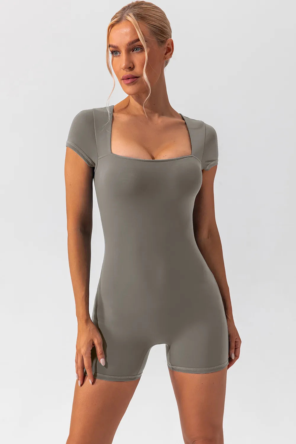 Square Neck Cap Sleeve Active Romper - Ladyez
