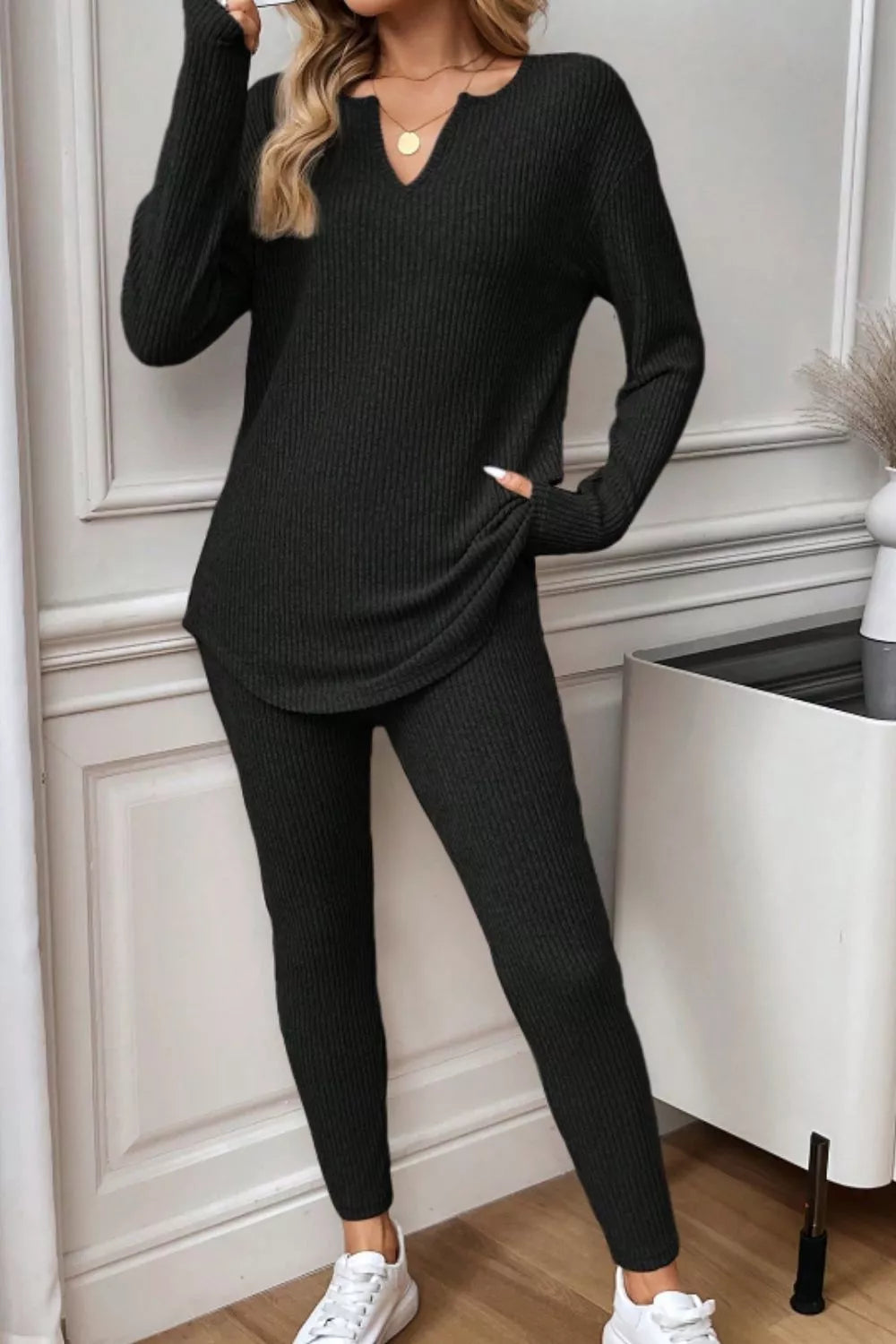 Notched Long Sleeve Top & Pants Set