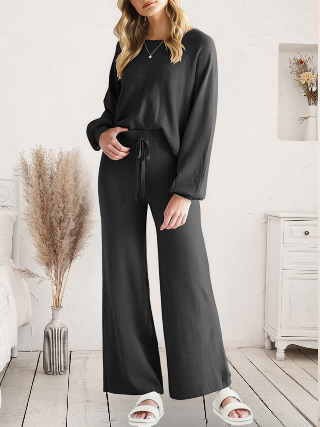 Long Sleeve Lounge Top and Drawstring Pants Set - Ladyez