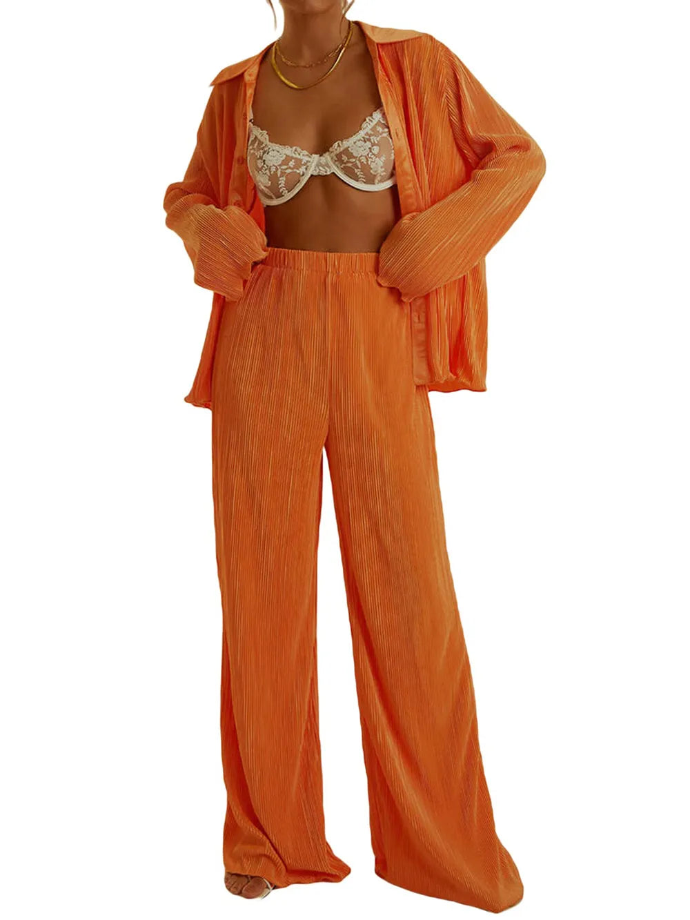 Collared Neck Long Sleeve Top and Pants Lounge Set - Ladyez