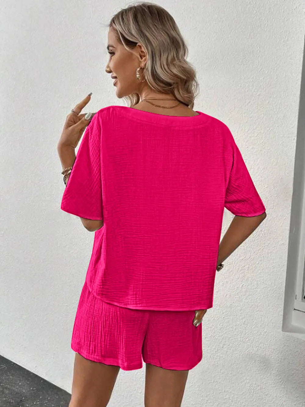 V-Neck Half Sleeve Top and Shorts Set - Ladyez