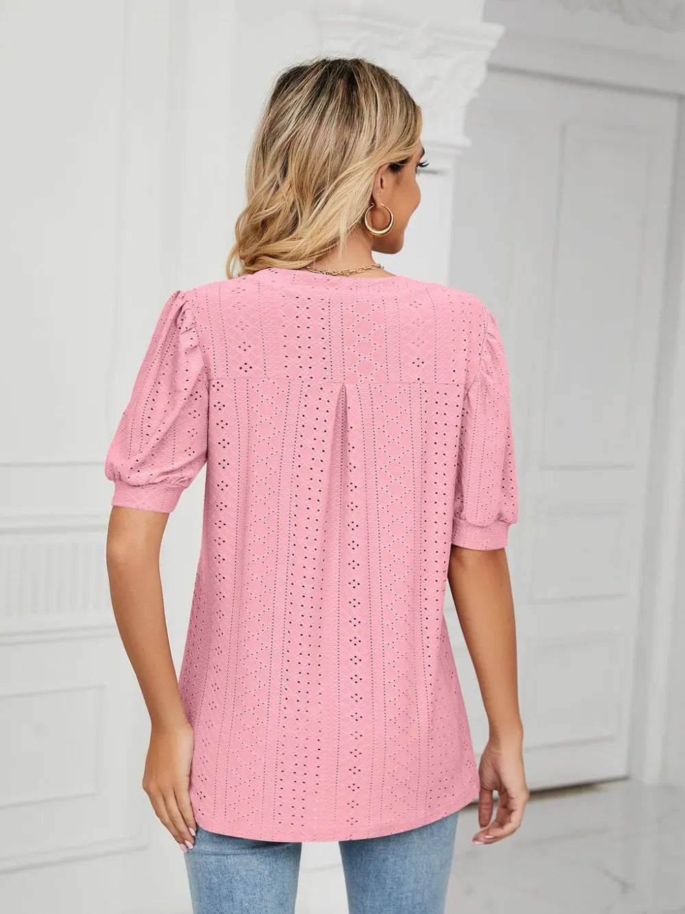 Florira Eyelet Notched Short Sleeve T-Shirt