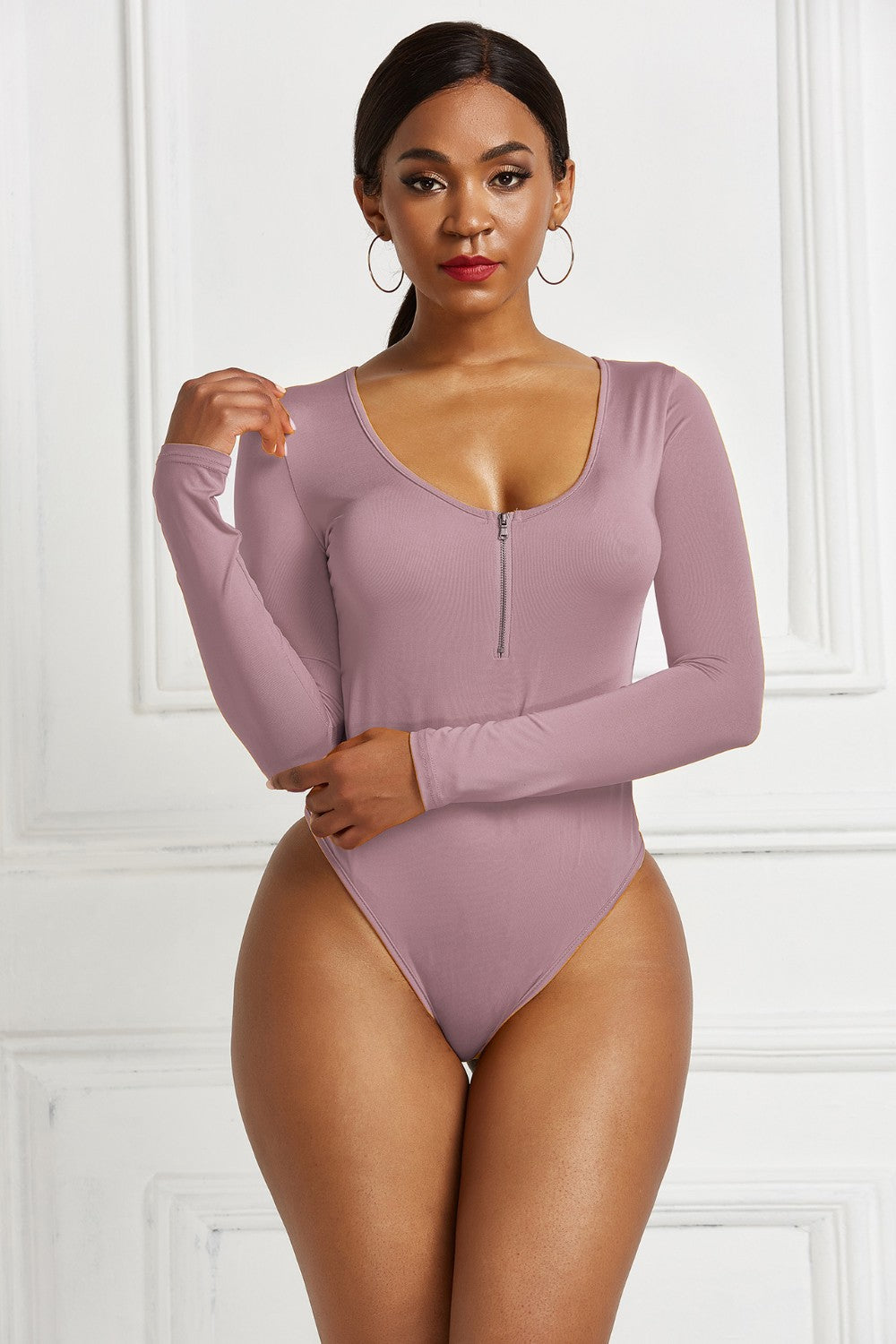Half Zip Scoop Neck Long Sleeve Bodysuit - Ladyez