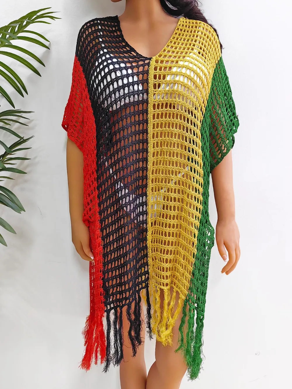 Fringe Color Block Scoop Neck Cover Up - Ladyez