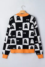 Halloween Ghost Pattern Checkerboard Sweater