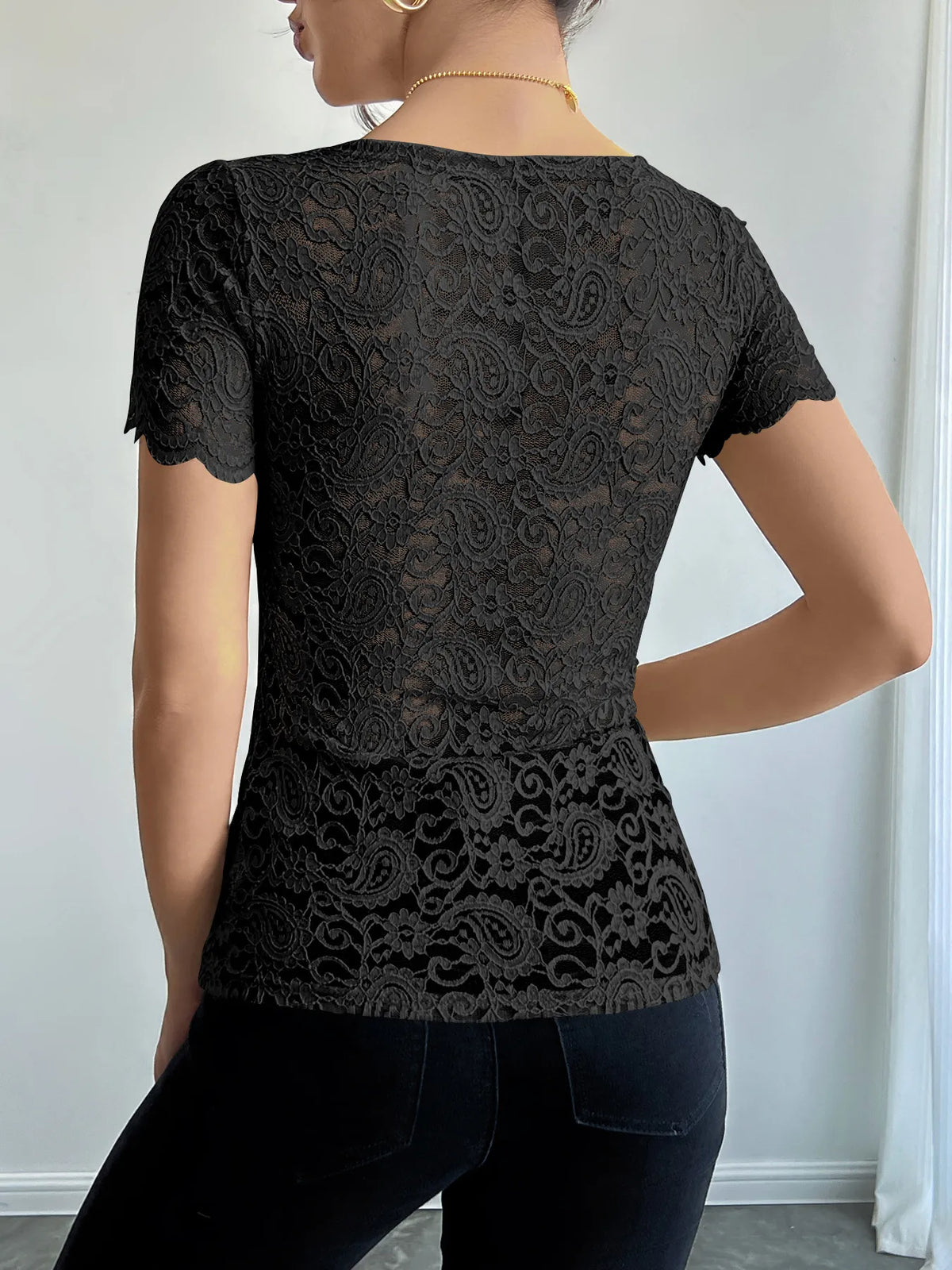 Floral Lace Square Neck T-Shirt - Ladyez