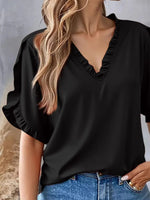 Ruffled V-Neck Short Sleeve Blouse - Ladyez