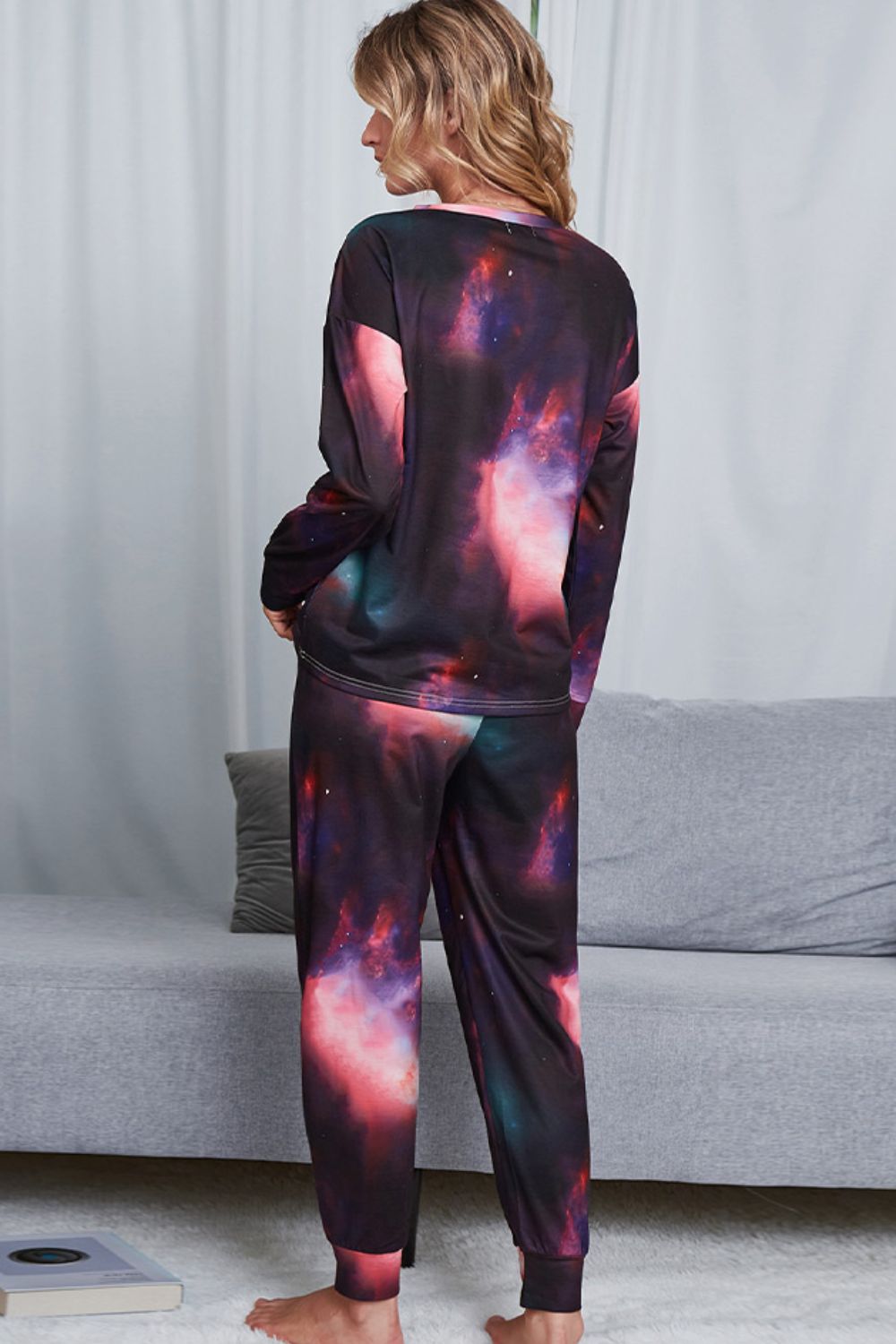 Shiny Tie-Dye Crewneck Top and Drawstring Waist Joggers Lounge Set - Ladyez