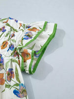 Floral Print Ruffle V-Neck Pressed Pleats Binding Tape Cotton Blouse