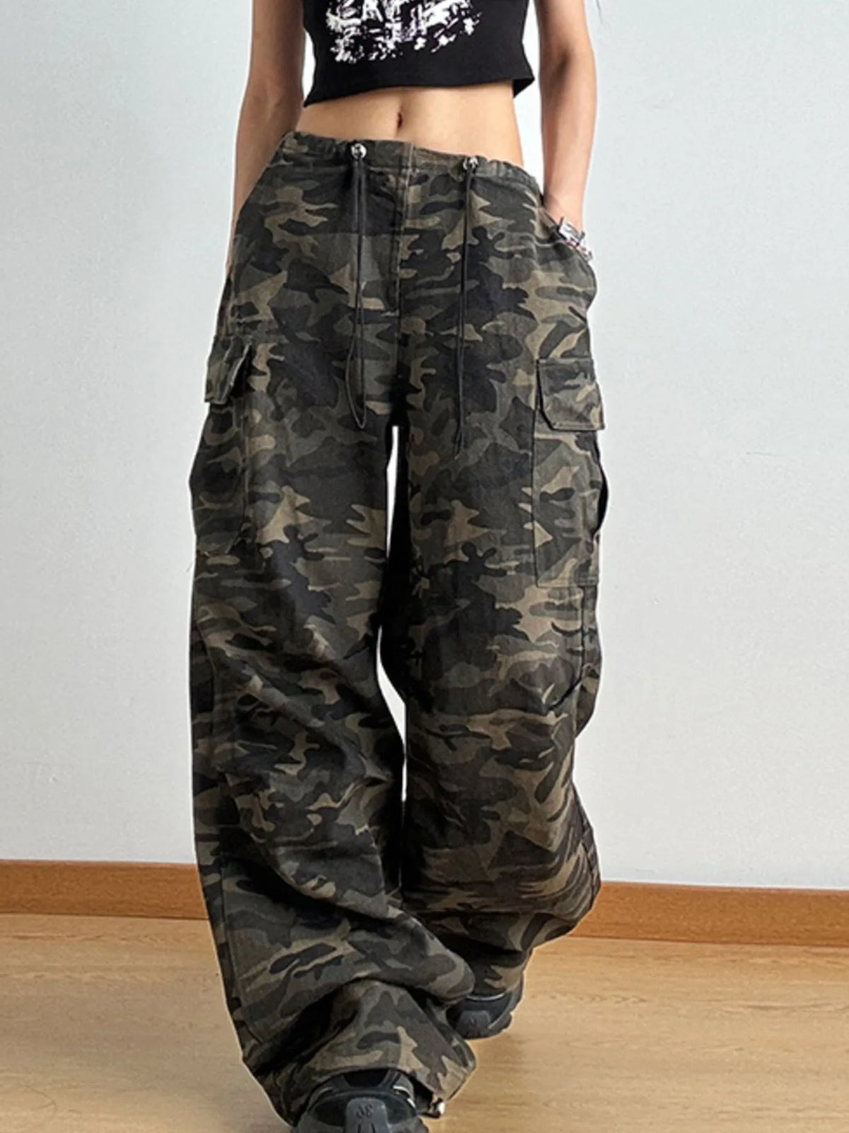 Drawstring Camouflage Cargo Wide Leg Jeans - Ladyez