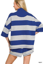 Zenana Frenchterry Striped Half Zip Top & Shorts Set