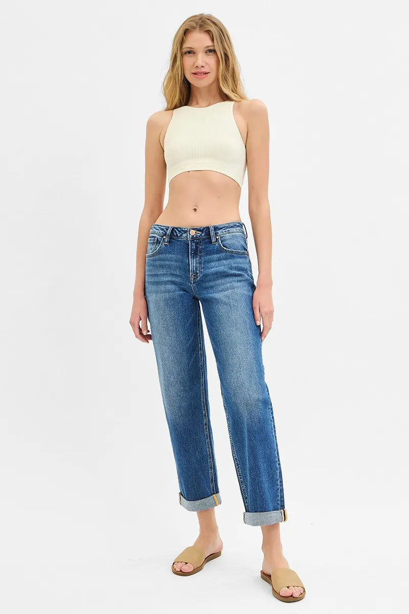 RISEN Full Size Mid Rise Boyfriend Roll Up Jeans Plus Size - Ladyez