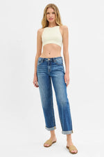 RISEN Full Size Mid Rise Boyfriend Roll Up Jeans Plus Size - Ladyez