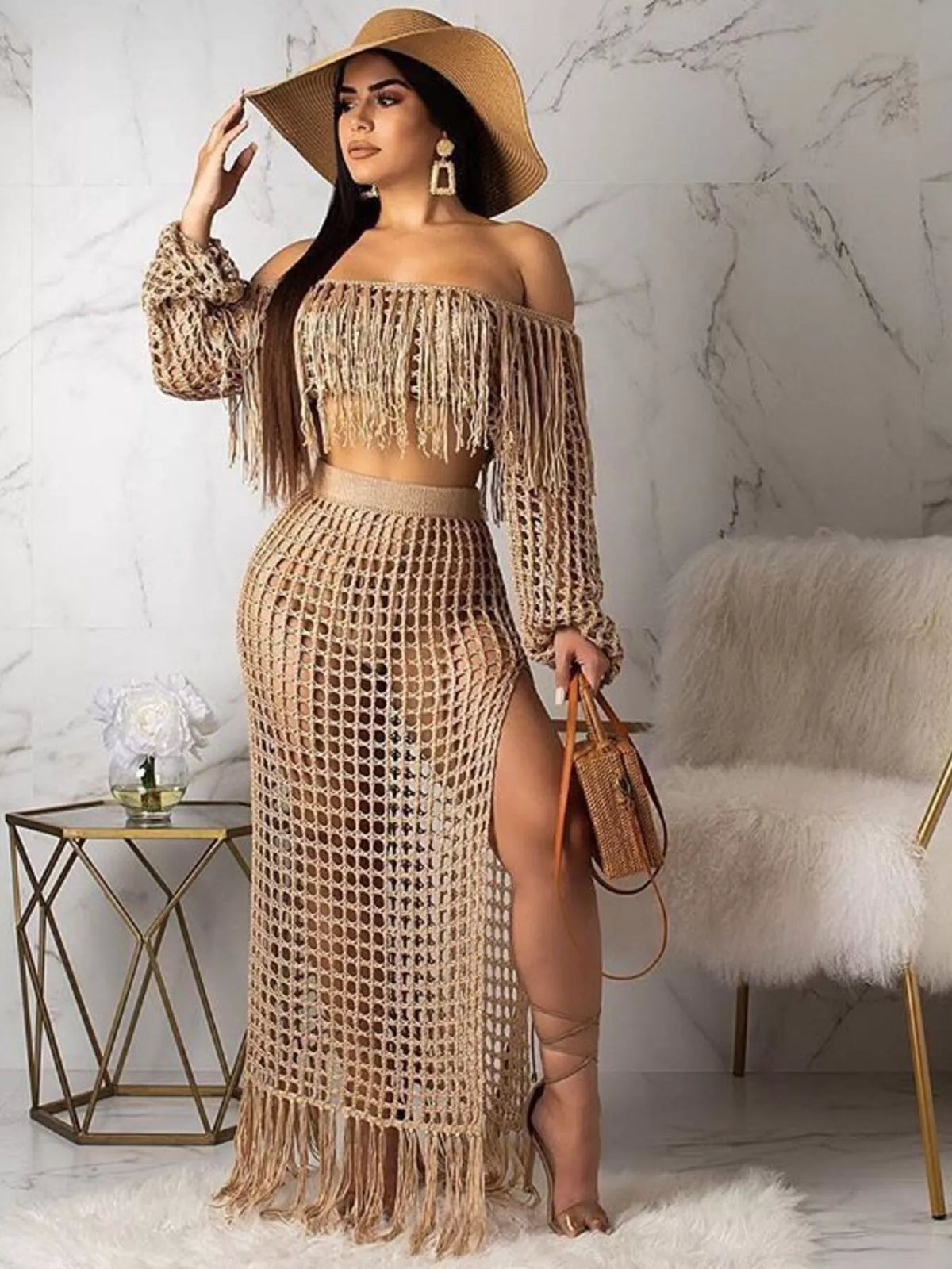 Full Size Crochet Off-Shoulder Fringe Top and Skirt Set Plus Size