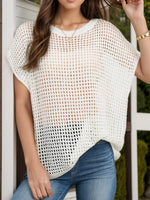 Openwork Round Neck Short Sleeve Cover-Up - Ladyez