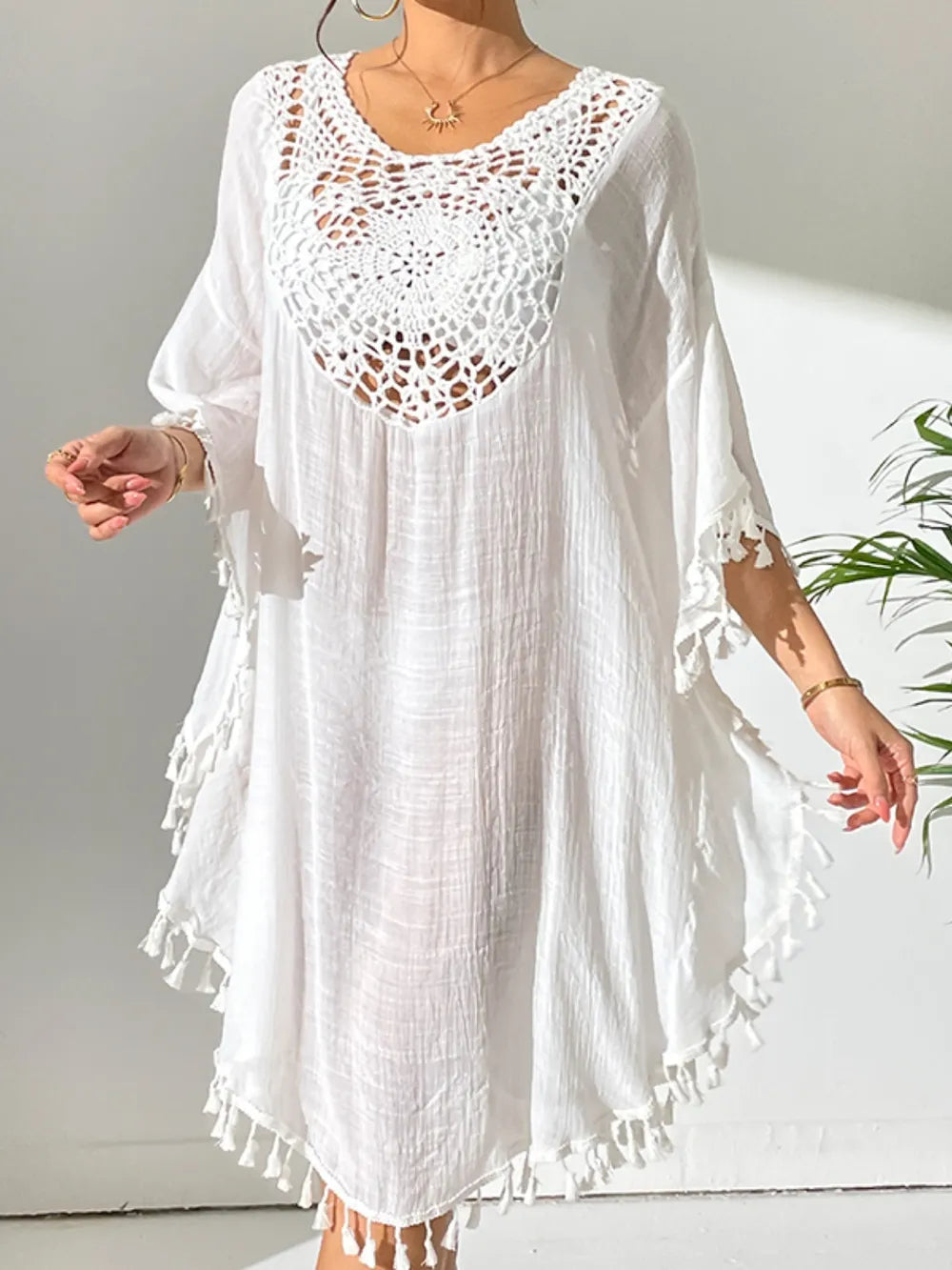 Tassel Cutout Scoop Neck Cover-Up Dress - Ladyez