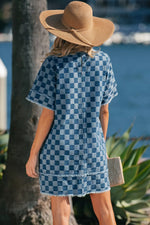 Frayed Hem Checkered Denim Mini Dress