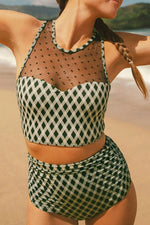 Dotted Mesh Plaid Patchwork High Waisted Swim Set - Ladyez