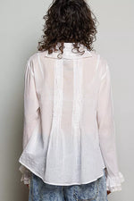 POL Woven Lace Trim Pintuck Button-Down Shirt