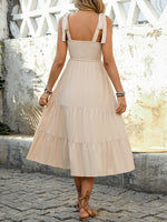 Tie Shoulder Square Neck Tiered Midi Dress - Ladyez