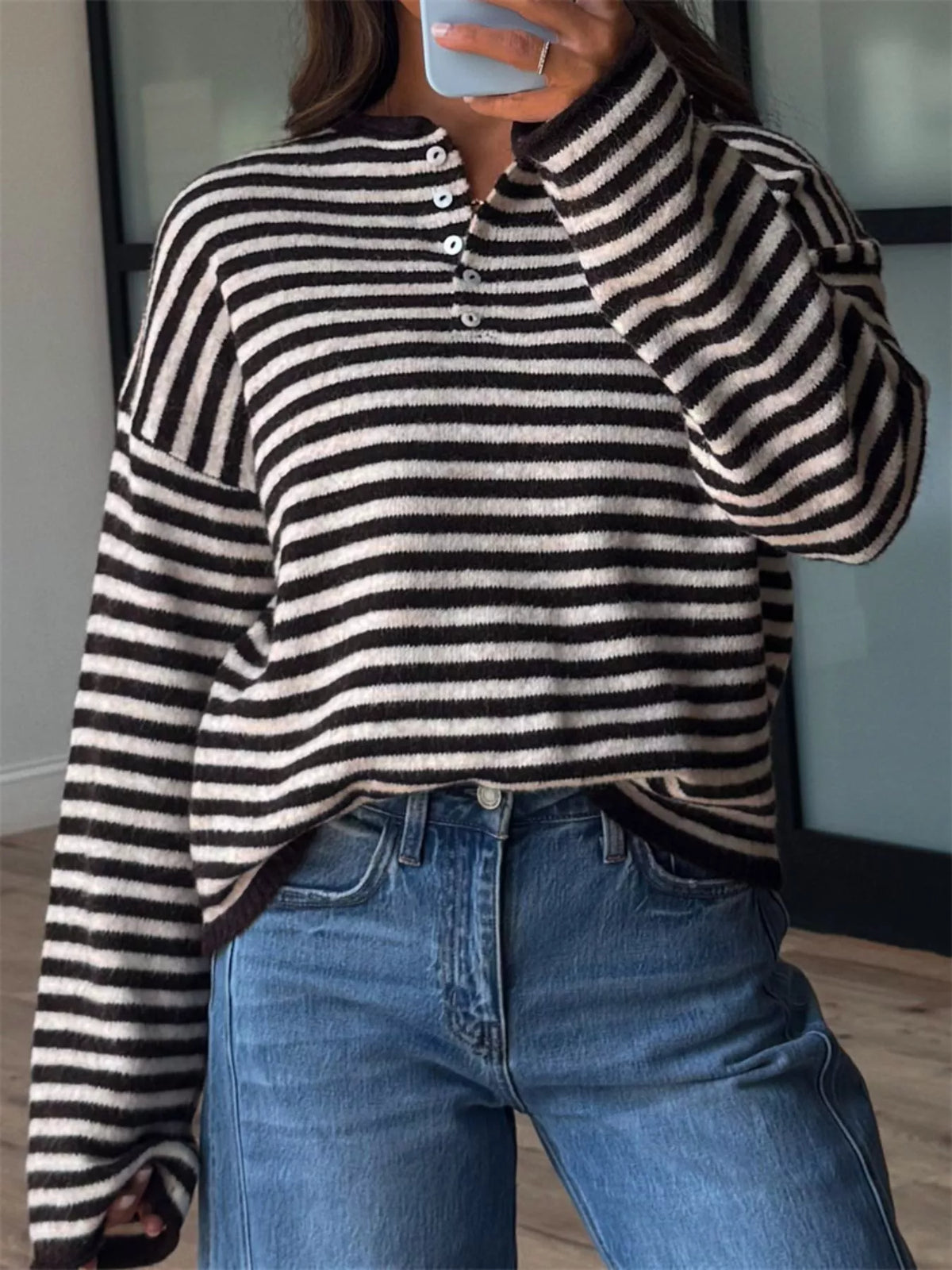 Button Detail Dropped Shoulder Striped Sweater